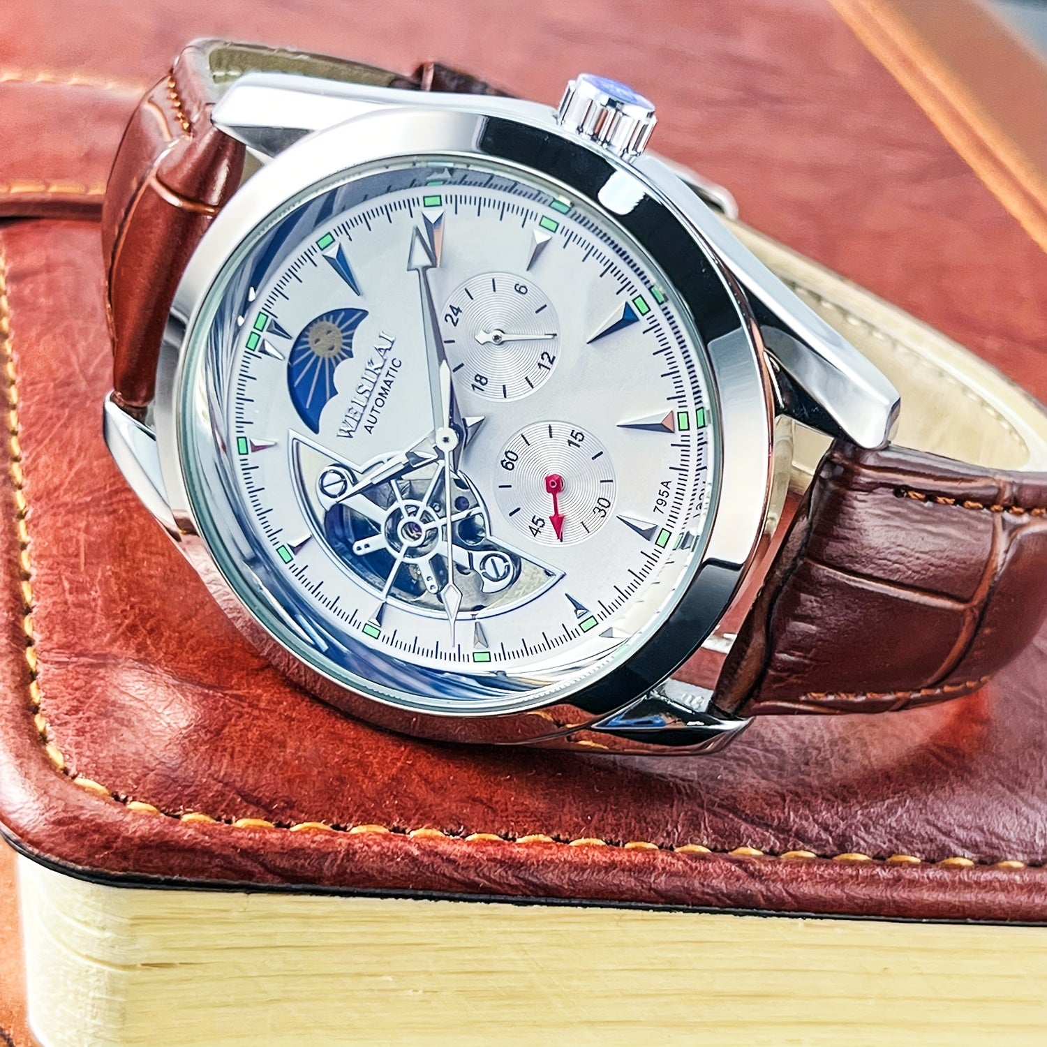 Men's Fashion Mechanical Watch - Automatic Winding Skeleton Moon Phase Dial, Round Dial, Analog Display, Mechanical Movement, No Battery Required