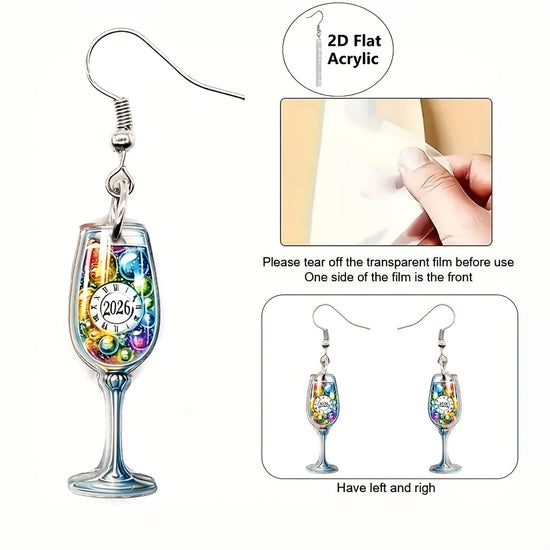 2D Flat - A Pair of 2D Flat Watercolor Earrings Featuring a Cheerful New Year 2026 Design, Made of Acrylic. These Cute Pendants Make Perfect Gifts for Friends And Family