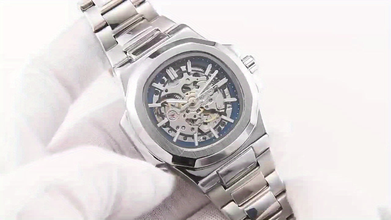 Men'S Fully Automatic Business And Leisure Watch with All Metal Case, Stainless Steel Butterfly Buckle Strap, Trendy And Fashionable Night Light, And High-End Hollowed Out Mechanical Watch for Business And Leisure Men, Suitable As a Christmas Gift
