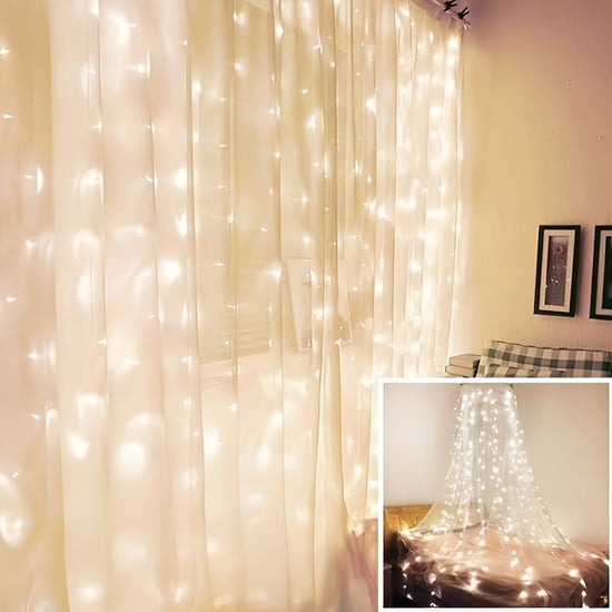 LED Curtain Waterfall Lights with Copper Wire & Star Design - Battery-Operated, 8 Modes, Perfect for Living Room, Bedroom Ambience Decor | Festive String Lights