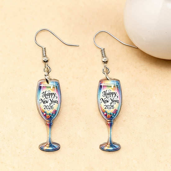 2D Flat - A Pair of 2D Flat Watercolor Earrings Featuring a Cheerful New Year 2026 Design, Made of Acrylic. These Cute Pendants Make Perfect Gifts for Friends And Family