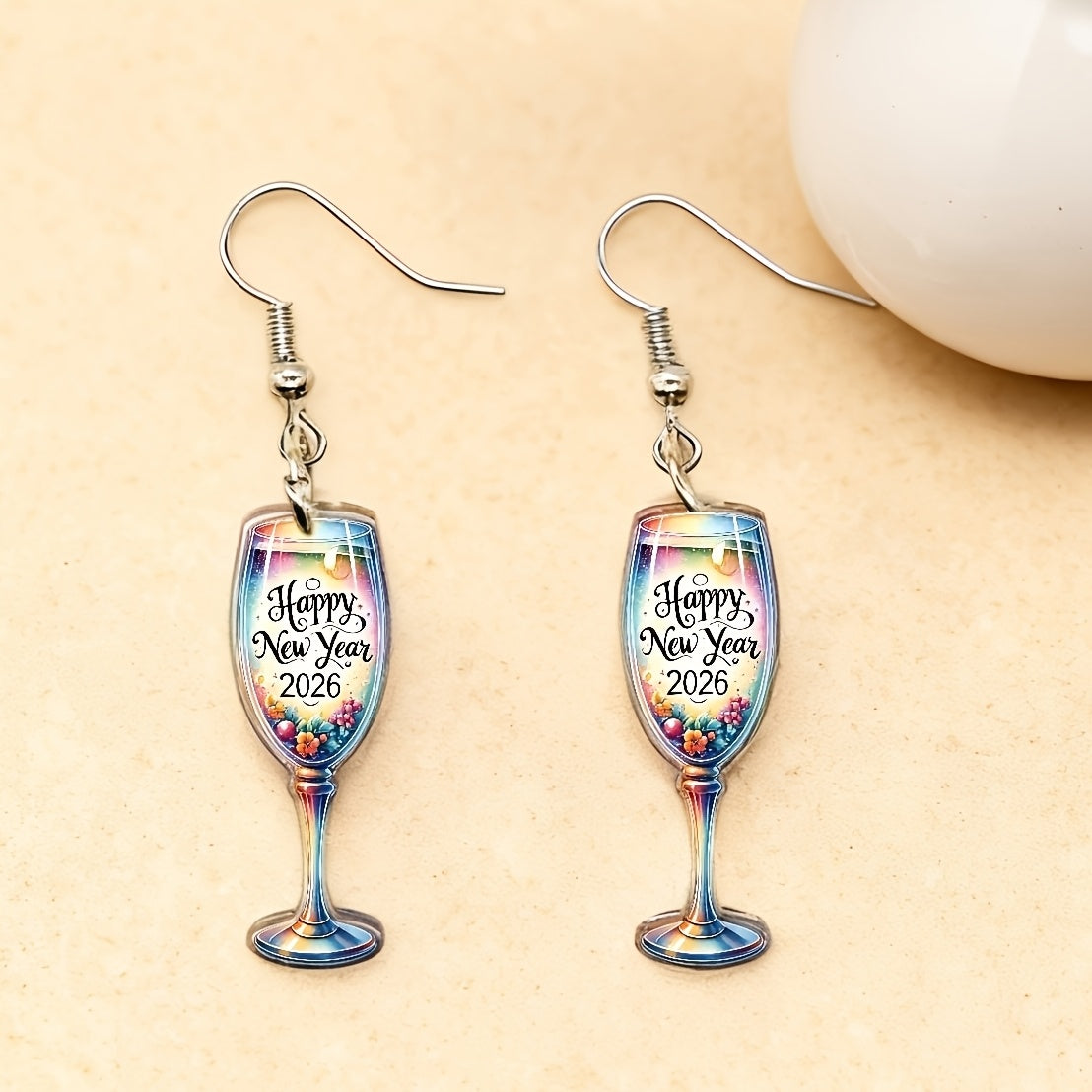 2D Flat - A Pair of 2D Flat Watercolor Earrings Featuring a Cheerful New Year 2026 Design, Made of Acrylic. These Cute Pendants Make Perfect Gifts for Friends And Family
