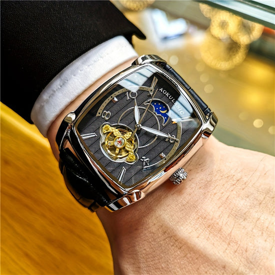 A Fully Automatic Tourbillon Mechanical Watch, A Light Luxury High-end Fashion Trend Hollow Business Casual Wristwatch, High-end Atmosphere, Sun, Moon, Stars, Square Temperament Large Dial Men's Watch.