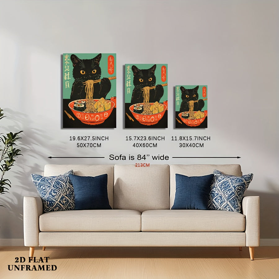 1pc Japanese Ramen Cat Poster - Cute Anime Kitten Eating Ramen Noodle Bowl Wall Art, Canvas Print Suitable for Bedroom, Dorm, Living Room Decor - Perfect Gift for Cat Lovers & Anime Fans, 2D Flat, Perfect for Room Decor