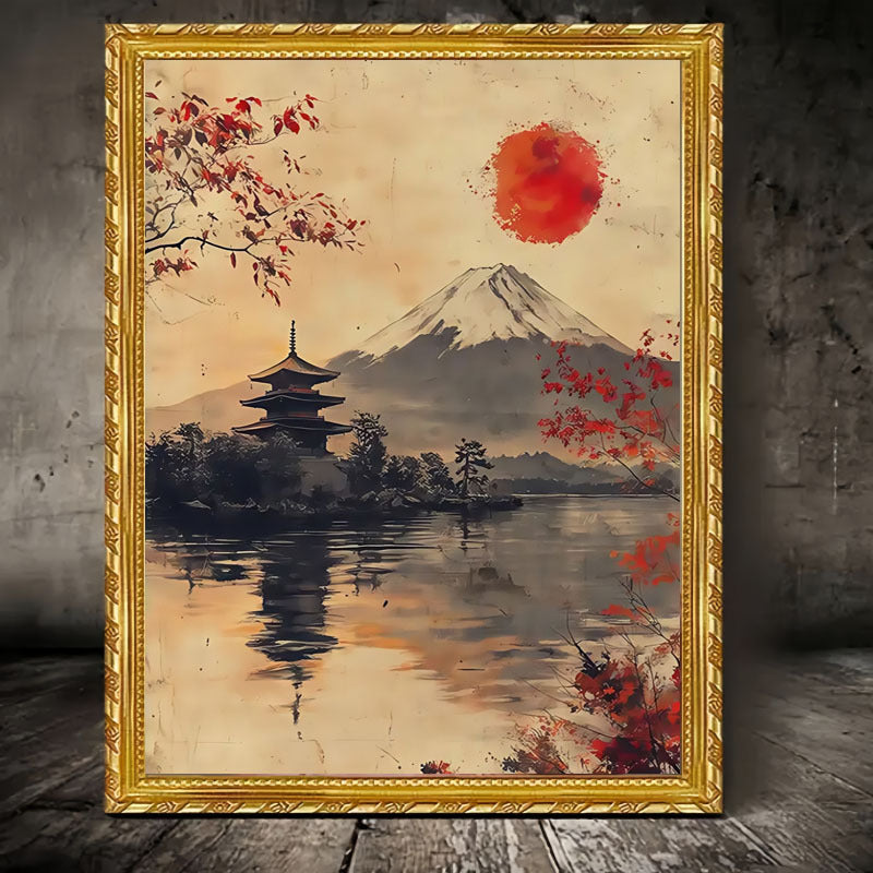 2D Flat, 2D Flat, 1pc of Frameless Artwork Featuring Mount Fuji And a Red Sun Pagoda Scene, Canvas Print Poster in Japanese Style Wall Art Decoration, Suitable for Living Room, Bedroom, Office, Restaurant, And Bar Wall Decor, Printed, Art Piece