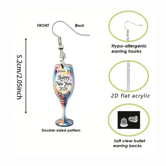 2D Flat - A Pair of 2D Flat Watercolor Earrings Featuring a Cheerful New Year 2026 Design, Made of Acrylic. These Cute Pendants Make Perfect Gifts for Friends And Family
