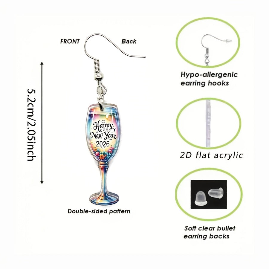 2D Flat - A Pair of 2D Flat Watercolor Earrings Featuring a Cheerful New Year 2026 Design, Made of Acrylic. These Cute Pendants Make Perfect Gifts for Friends And Family